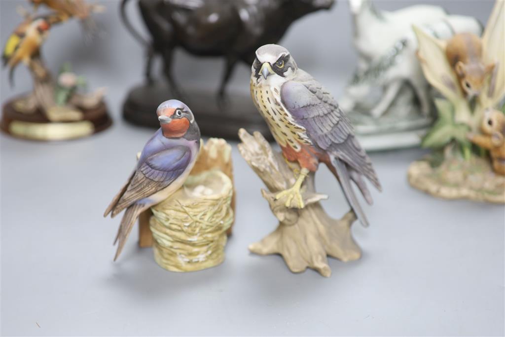 A patinated spelter figure of cow, signed C. Valton and a group of porcelain animal and bird figures